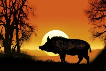 Naklejka premium silhouette of wild boar against sunset sky