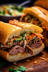 Delicious vietnamese banh mi sandwich with grilled beef, pickled vegetables, and fresh herbs