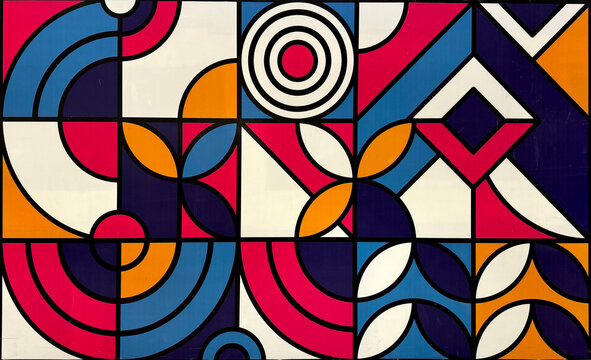 Series of random Bauhaus and modernism art style illustration in white, blue, orange, and red color. Seamless texture background.