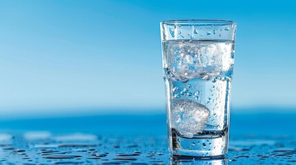   A tight shot of an ice-filled glass on a table, water droplets beading atop its surface
