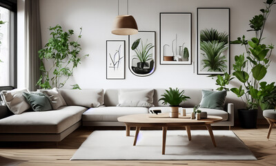 Modern features an elegant living room featuring a comfortable sofa, white walls and house plants.
