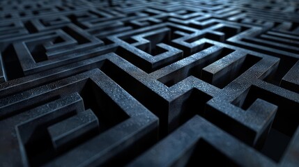 Abstract digital art of a mind maze with shadowy corners and enigmatic traps, symbolizing the complexity and intrigue of dark psychology, High resolution.