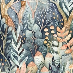 Craft a detailed close-up of a fantastical, whimsical forest scene in watercolor Show intricate foliage with hidden creatures in a dreamy, pastel color palette