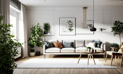 Modern features an elegant living room featuring a comfortable sofa, white walls and house plants.