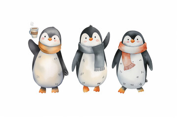 Fototapeta premium This image features three adorable penguins illustrated in a charming watercolor style.
