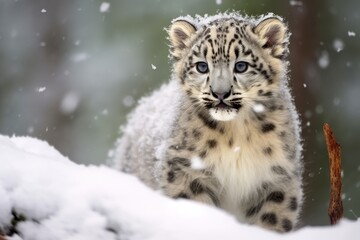 snow leopard cub in snowy landscape