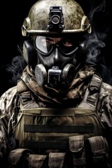 Soldier in tactical gear and gas mask