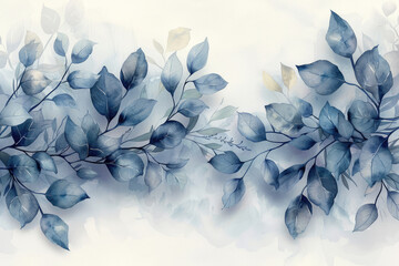 Watercolor painting of blue leaves on a white background, with a simple and elegant style, symmetrical composition, delicate brushstrokes, soft tones, delicate textures. Created with Ai