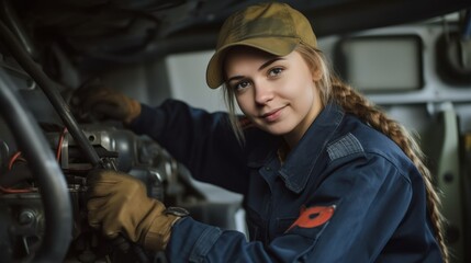 female mechanic working on vehicle