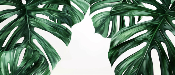 An enchanting tropical jungle scene adorned with lush green leaves and graceful palm trees, perfect for wall art and home decoration.