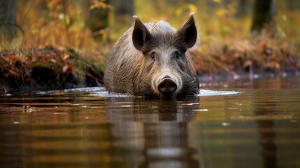 Curious wild boar in autumn forest stream