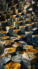 Giants causeway, A dark image of a rock wall with squares.