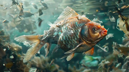 Fototapeta premium Polluted ocean. Garbage and waste. Animals suffer from pollution. Ecological disaster concept. AI-generated.