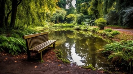Fototapeta premium serene forest pond with wooden bench