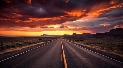 Naklejka premium Dramatic sunset over a long desert road