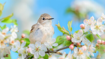 Fototapeta premium A small bird perched on a tree branch against a backdrop of white and pink flowers in the foreground, and a blue sky overhead