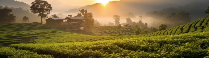 Obraz premium Stunning sunset over lush green tea plantation