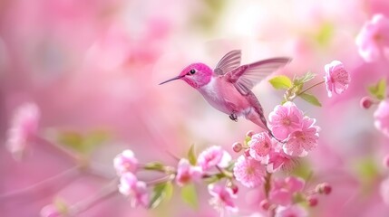   A hummingbird perched on a tree branch, surrounded by pink flowers in the foreground, while the background softly blurs