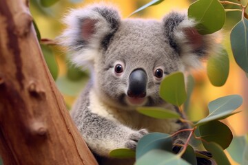 Fototapeta premium Cute koala peeking through leaves