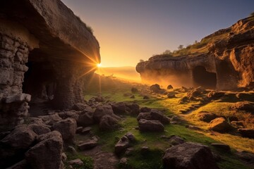 Dramatic sunset landscape with rocky cliffs and glowing light