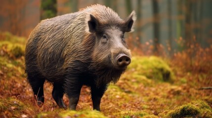 Wild boar in autumn forest
