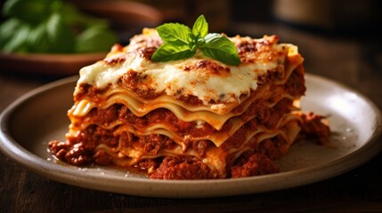 Delicious homemade lasagna with melted cheese and fresh basil