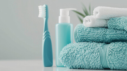 Obraz na płótnie Canvas Set for oral hygiene with towel on light background