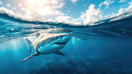 Underwater view of the shark swimming in the ocean