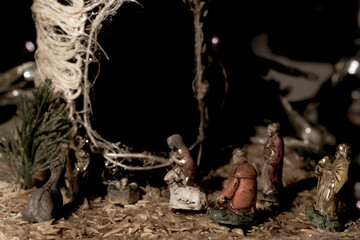 Medellin, Antioquia, Colombia. December 14, 2023. Native Christmas scene of the born baby Jesus Christ in the manger