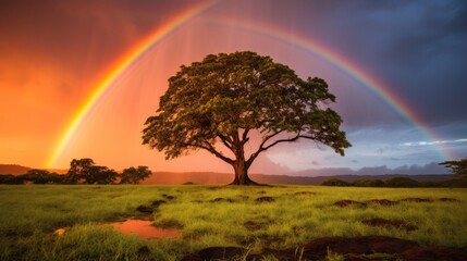 Obraz premium Stunning rainbow over a lone tree in a grassy field