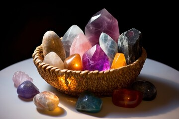Assortment of colorful crystals and stones in a woven basket