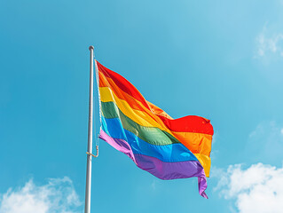 A photo of a pride flag on a blue sky,  Rainbow flag on sky