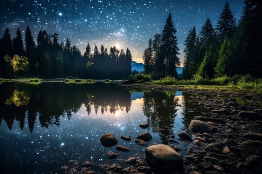 Serene mountain lake at night with starry sky reflection