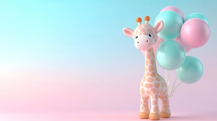 Fototapeta premium Adorable Giraffe Cartoon with Birthday Hat . cute animal with balloons for birthday card