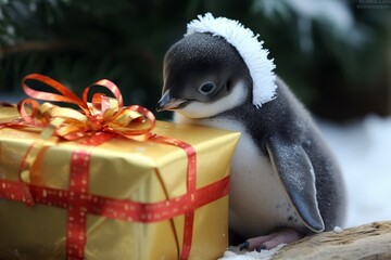 Naklejka premium Adorable penguin with gift box