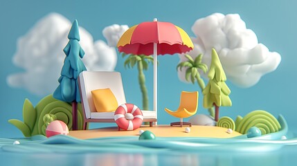 Colorful Beach Scene in Playful Stylized Illustration .Summer concept.