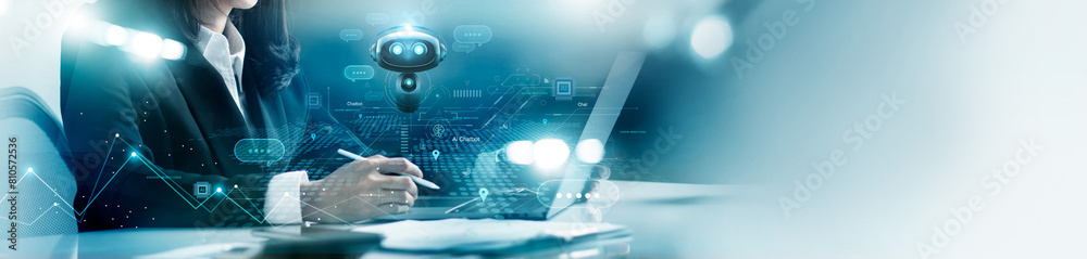 Aufkleber AI Chat, Chat bot, AI or Artificial Intelligence. Robot application, Women working with smart assistant Chatbot digital for provide access to data in online network, Business and technology.