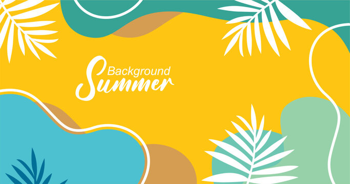 Flat summer background with tropical palm leaves and organic fluid shapes for seasonal sale banner