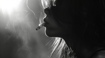  A monochrome image of a woman holding a cigarette between her lips, with smoke escaping