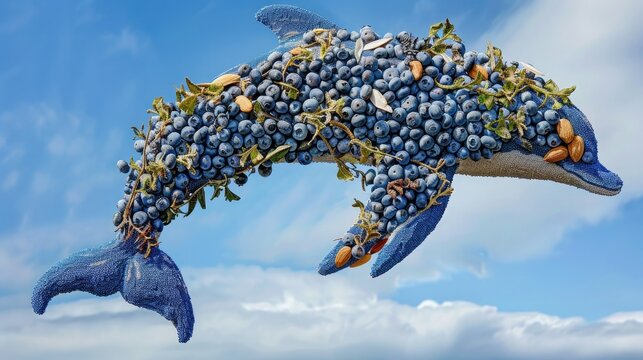 A whimsical dolphin sculpted from dried blueberries and almonds against a serene sky blue backdrop.