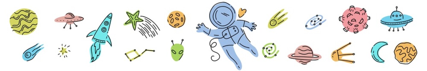 Horizontal illustration of space objects, symbols and an astronaut, hand-drawn in the style of doodles	

