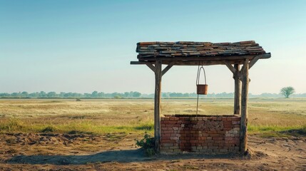 A weathered brick water well, a wooden shelter providing shade above it, a bucket hanging from a worn rope, set against the serene backdrop of a vast, empty landscape.