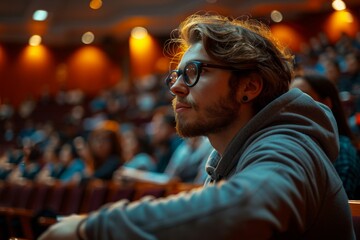 A young man at a conference attentively listening, immersed in the learning experience amidst an audience.