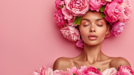  A woman with closed eyes holds pink flowers on her head