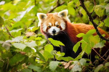 Curious red panda peeking through green leaves