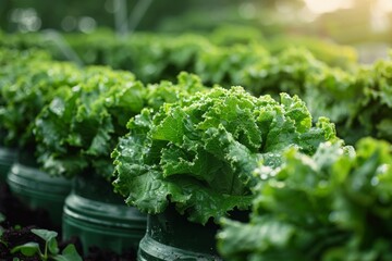 Fresh lettuce heads thrive in a neatly organized garden, bathed in sunlight, highlighting sustainable agriculture.