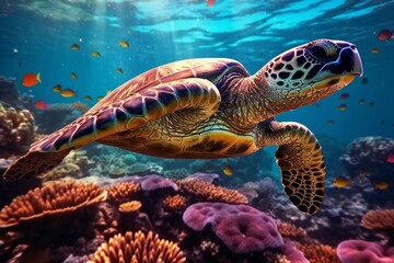 Fototapeta premium Colorful sea turtle swimming in coral reef