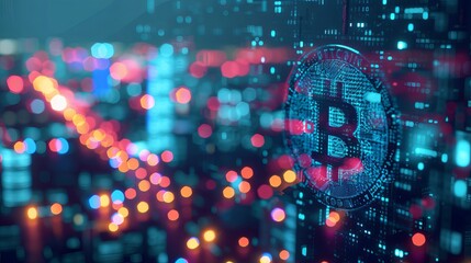 Digital currency concept: glowing cryptocurrency icons on a vibrant abstract urban nightscape backdrop