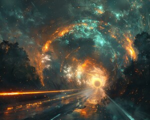 The image shows a road through a forest at night. The road is lit by a bright light. The sky is dark and there are stars in the sky.