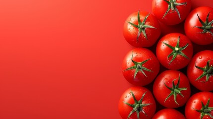   A red background showcases a mound of ripe tomatoes, each topped with water droplets